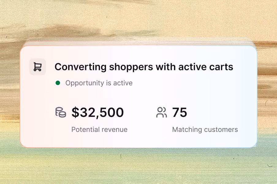 Text AI clustering customers with active carts by behavior and intent, showing potential revenue and matching shoppers ready to buy.