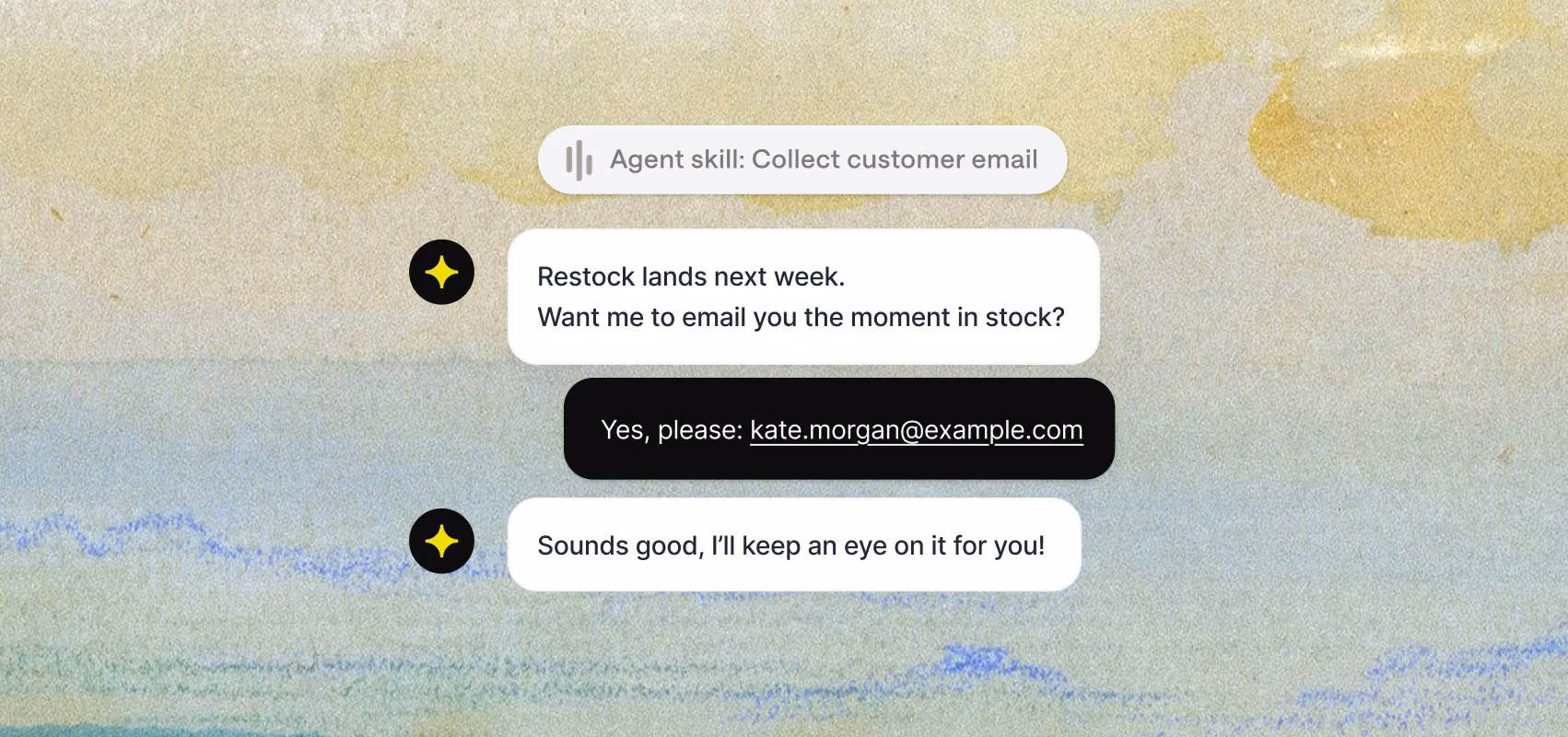AI Agent detecting buying intent during a restock conversation and collecting Kate's email to capture a qualified lead in real time.