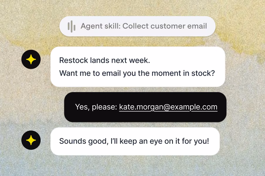 AI Agent detecting buying intent during a restock conversation and collecting Kate's email to capture a qualified lead in real time.