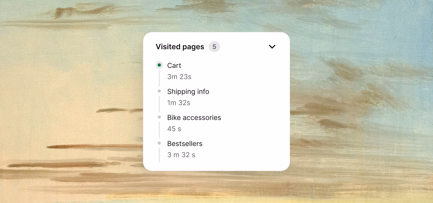 Text customer timeline showing visited pages like cart, shipping info, bike accessories, and bestsellers to help teams act on buying signals instantly.