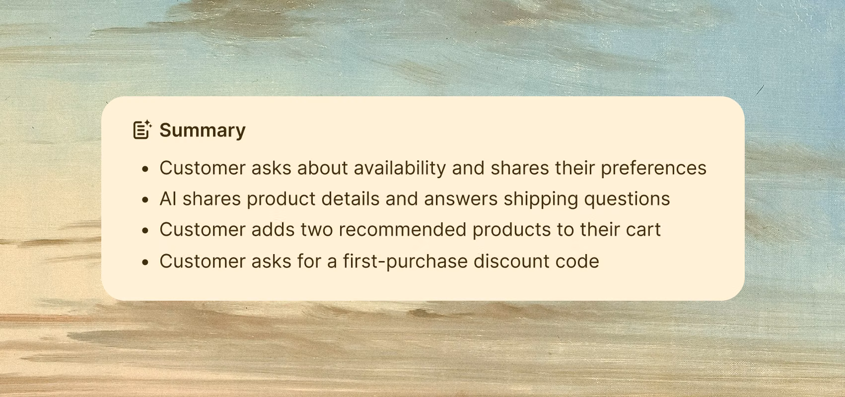 Text Copilot summarizing past chats, tickets, and customer touchpoints so agents can understand purchase history and recover revenue without scrolling.