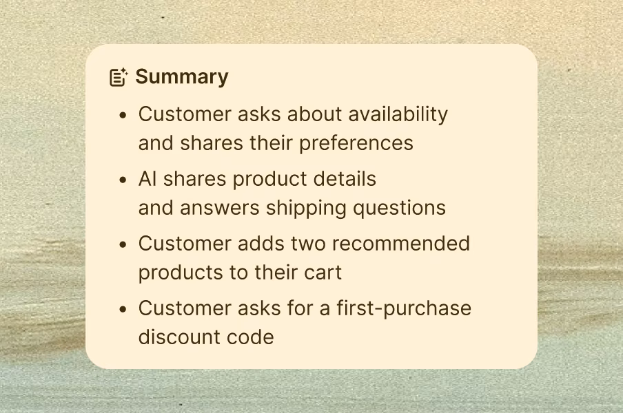 Text Copilot summarizing past chats, tickets, and customer touchpoints so agents can understand purchase history and recover revenue without scrolling.