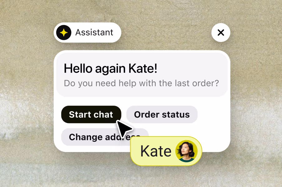 AI Assistant recognizing returning visitor Kate and offering quick chat options for order status or address changes before the conversation starts.