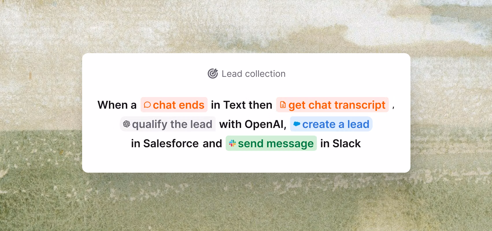 Text lead collection workflow automatically qualifying chats with OpenAI, creating leads in Salesforce, and sending follow-up messages in Slack.