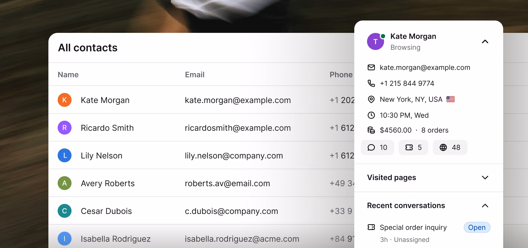 Contacts list with a customer profile panel showing recent conversations for Kate Morgan
