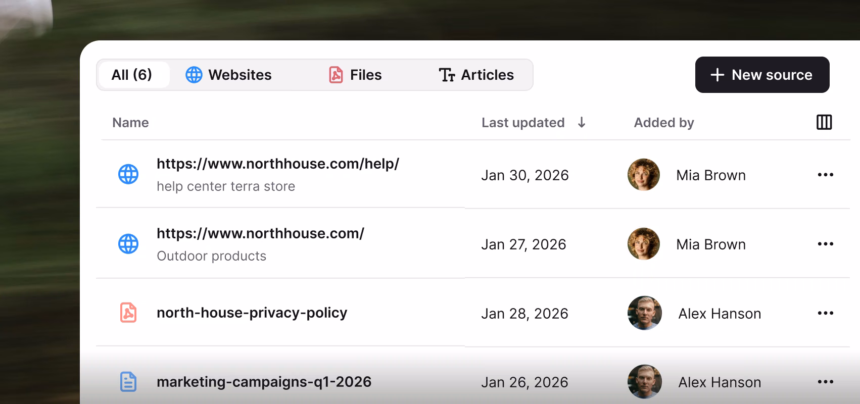 Knowledge source list showing connected websites, a PDF, and an article used to train AI answers