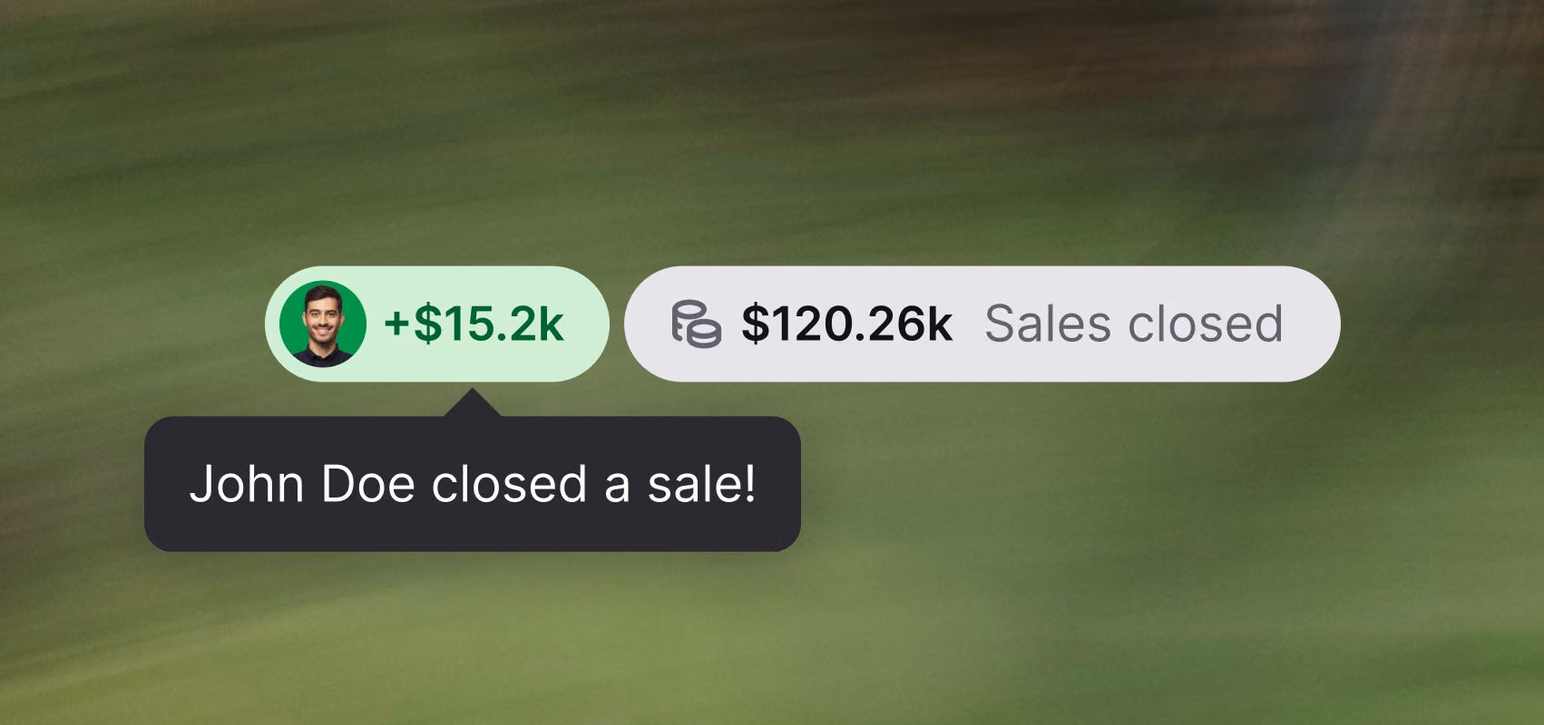 Revenue notification showing an agent closing a $15.2k sale alongside total sales closed
