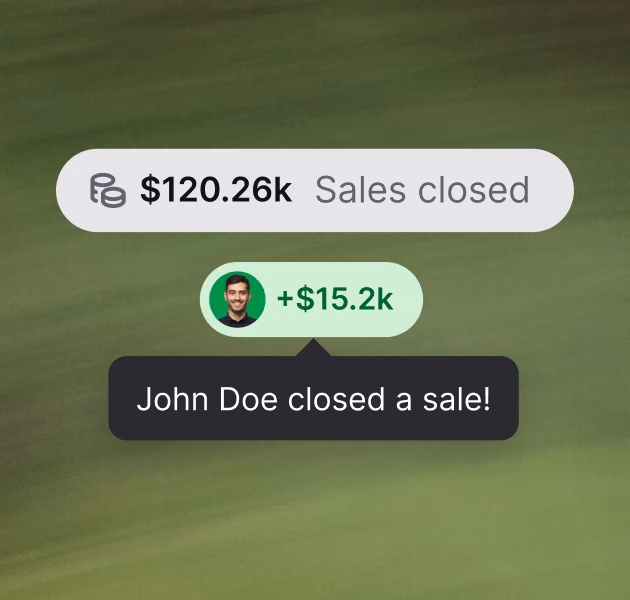Revenue notification showing an agent closing a $15.2k sale alongside total sales closed