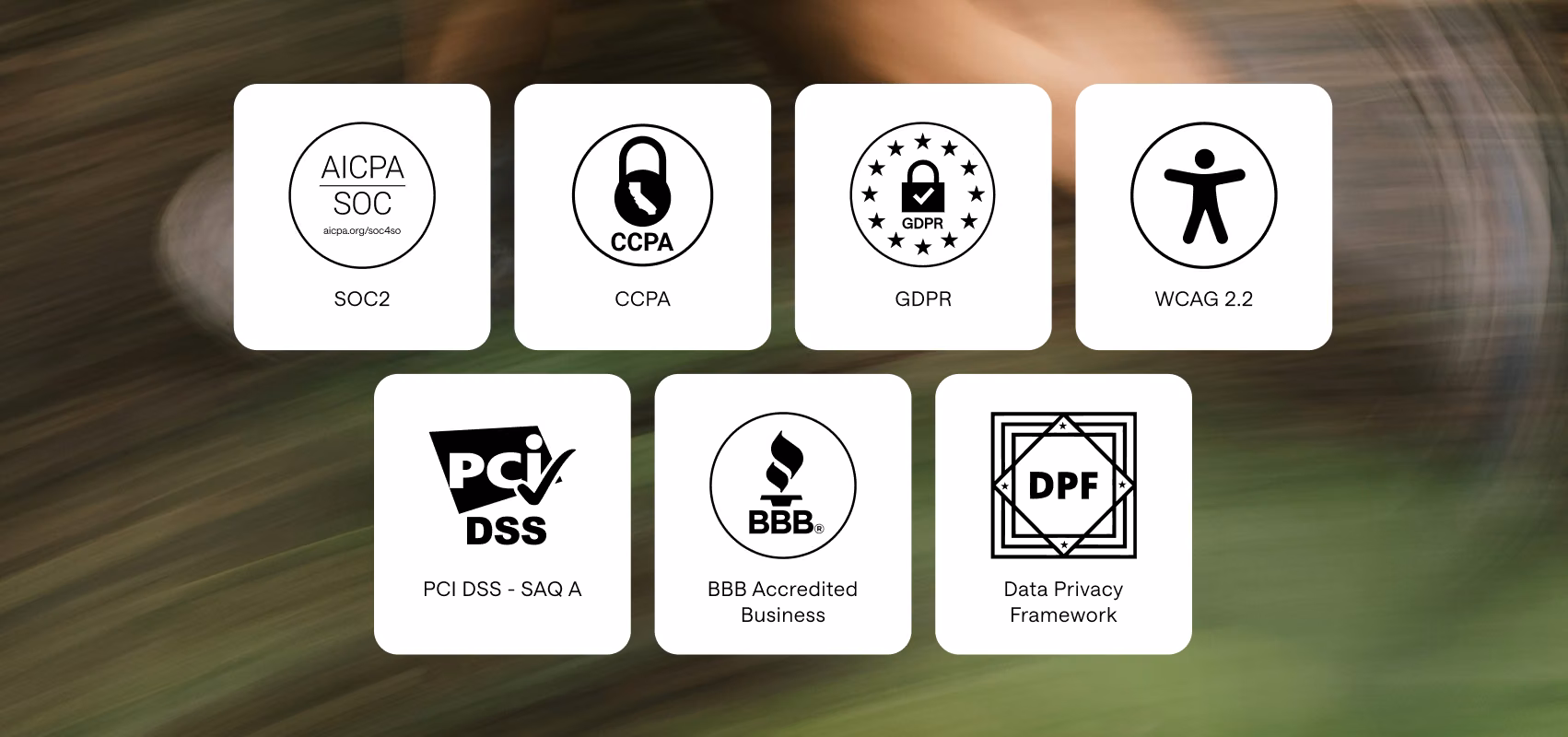 Security and compliance badges for SOC2, CCPA, GDPR, WCAG 2.2, PCI DSS, BBB accreditation, and the Data Privacy Framework