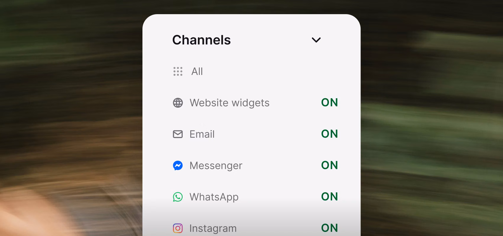 Channel settings showing website widgets, email, Messenger, WhatsApp, and Instagram all feeding one shared queue