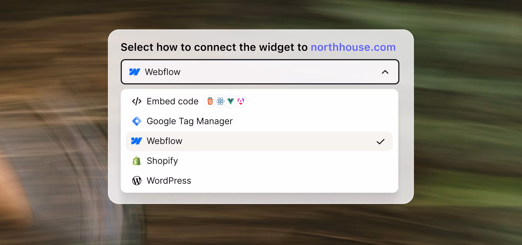 Widget installation menu showing options to connect the chat widget via Webflow, embed code, Google Tag Manager, or Shopify