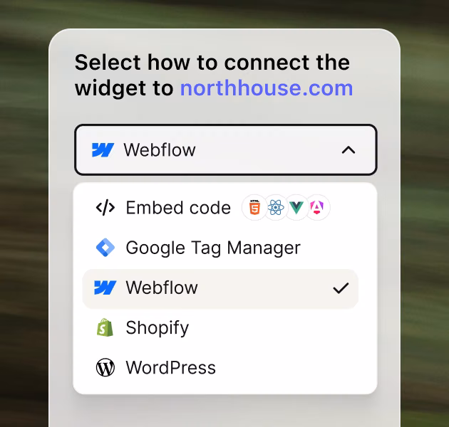 Widget installation menu showing options to connect the chat widget via Webflow, embed code, Google Tag Manager, or Shopify