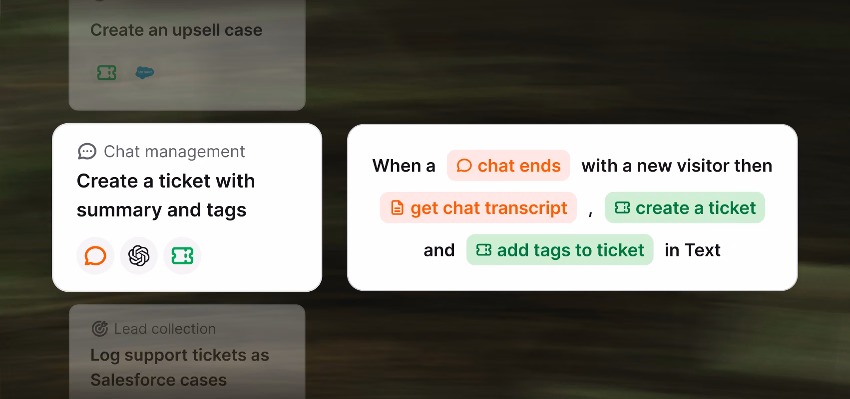 Text workflow automation creating a ticket with a transcript summary and tags when a chat with a new visitor ends