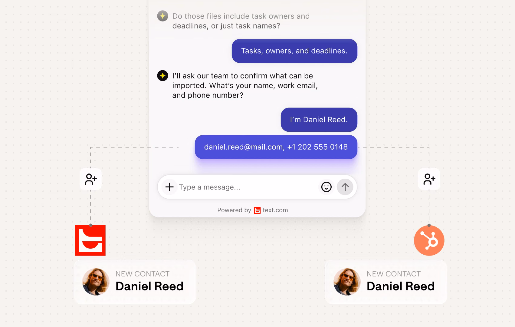 Chat widget collecting a visitor's name and email, creating the same new contact in Text and HubSpot