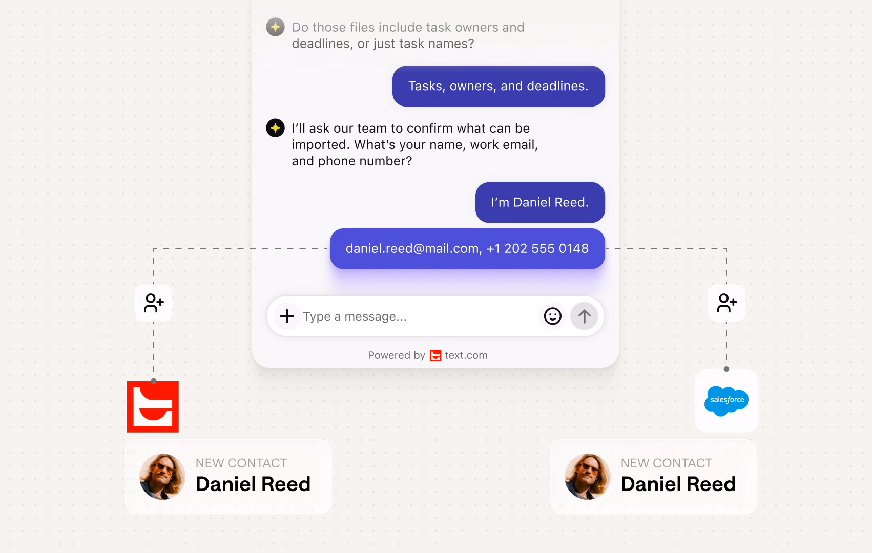Chat widget collecting a visitor's name, email and phone, creating the same new contact for Daniel Reed in Text and Salesforce