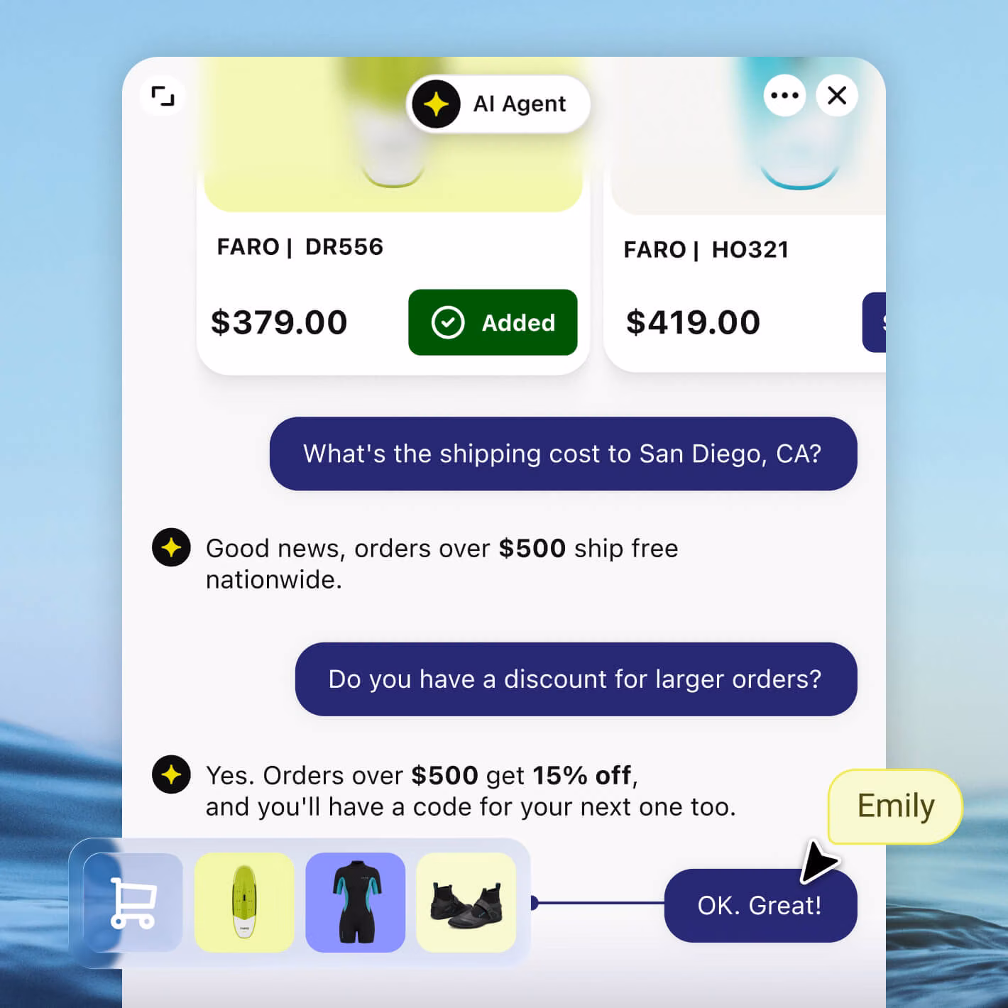 WooCommerce AI agent applying a 15% discount code after answering shipping and return questions in chat