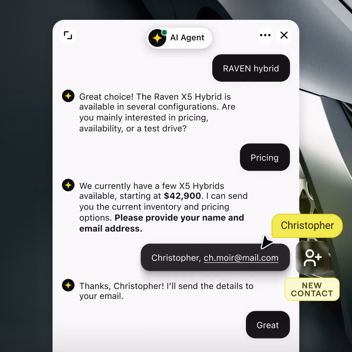 AI Agent answering a pricing question and capturing a visitor's name and email as a new contact