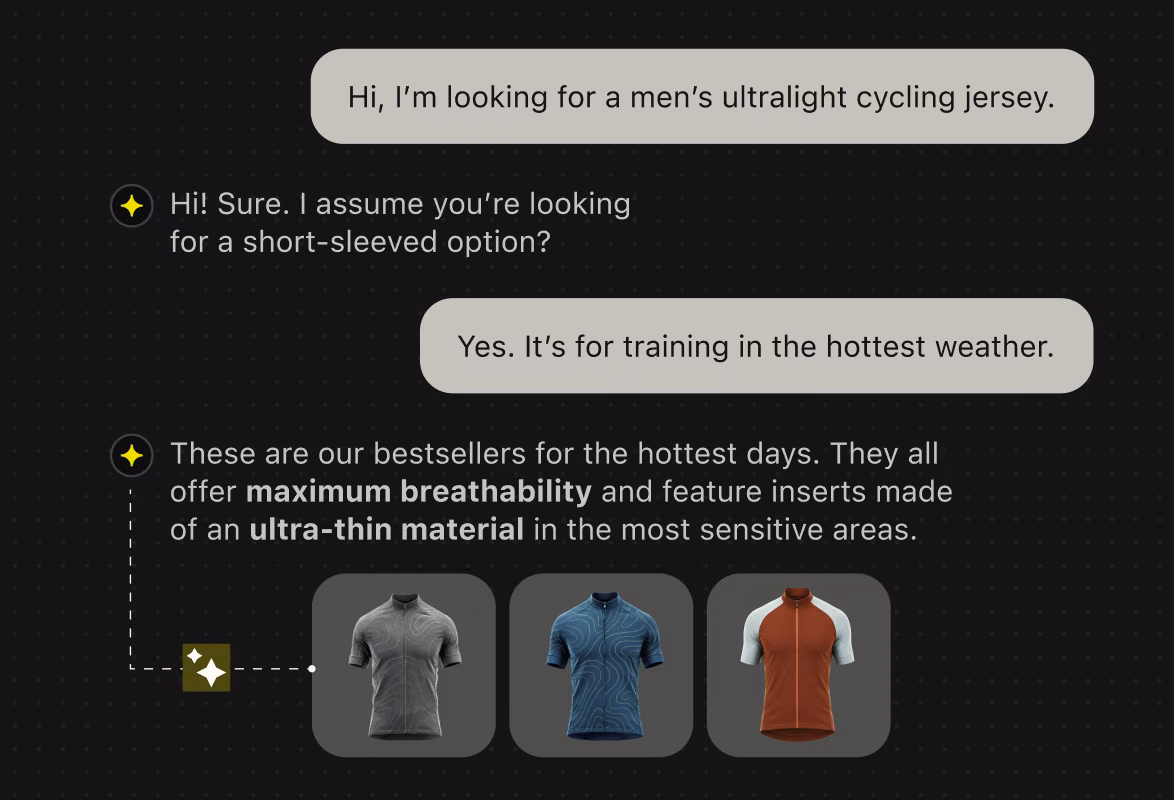 Chat in which the AI agent recommends three cycling jerseys to a shopper looking for an ultralight option