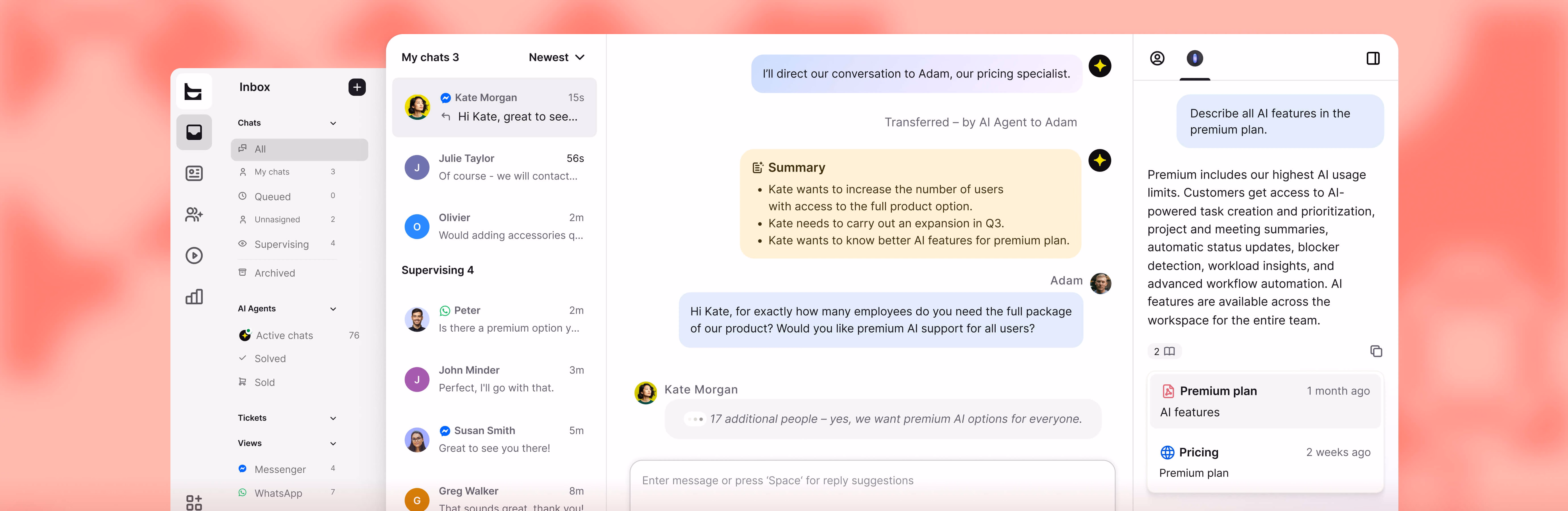 Text inbox listing chats from Messenger and WhatsApp with an AI Agent transfer summary
