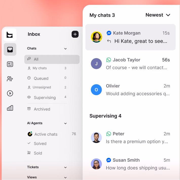 Text inbox listing chats from Messenger and WhatsApp with an AI Agent transfer summary