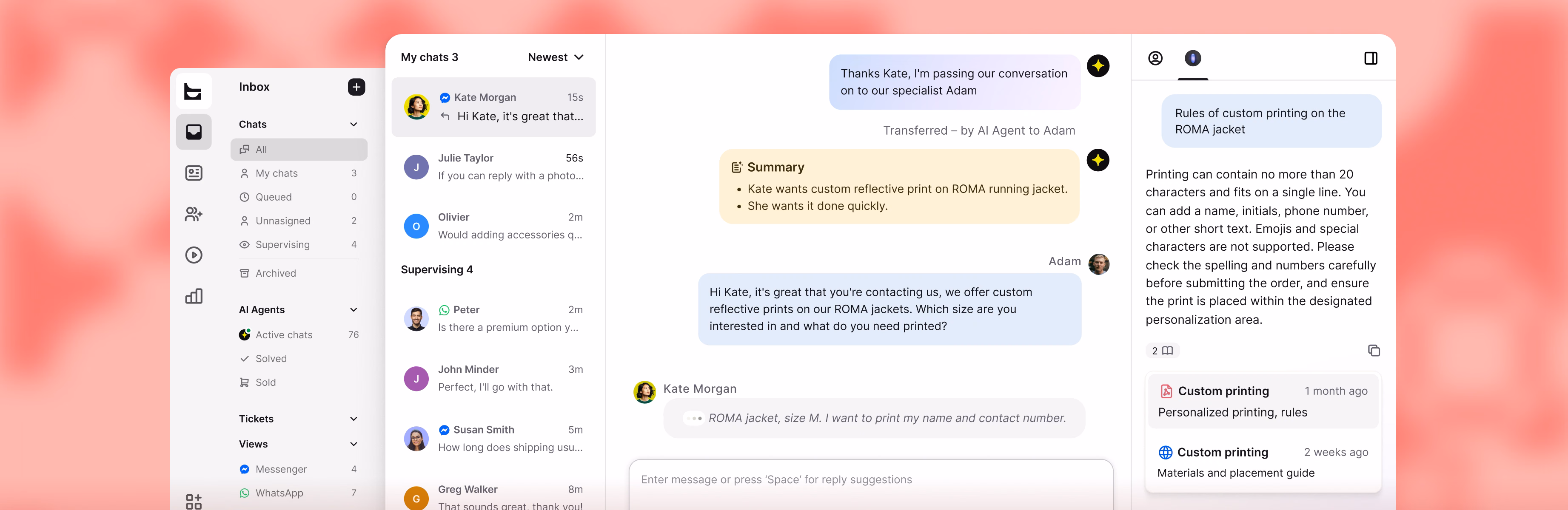 Unified inbox with chats from Messenger and WhatsApp alongside an AI Agent handing off a conversation to a human agent