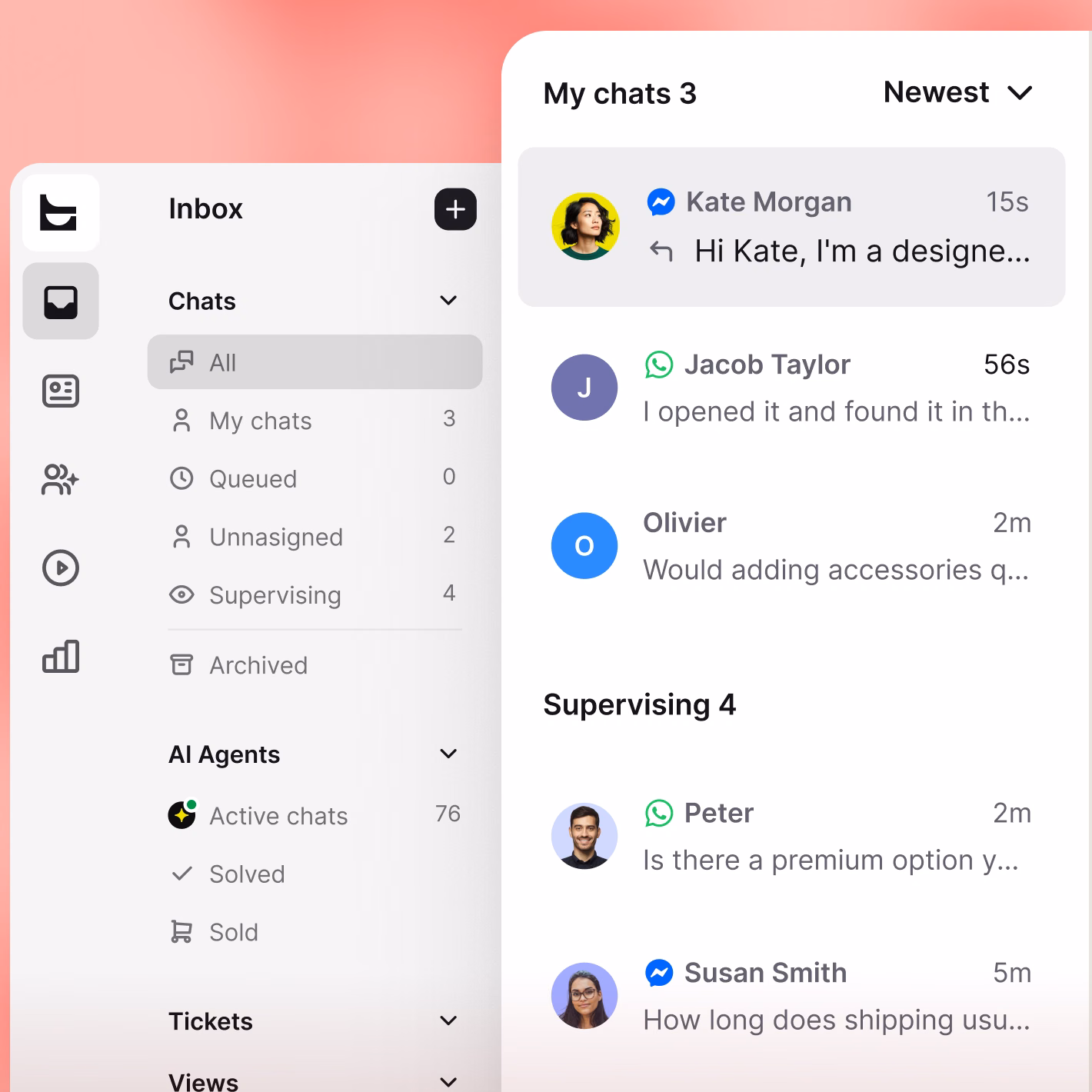 Unified inbox with chats from Messenger and WhatsApp alongside an AI Agent handing off a conversation to a human agent