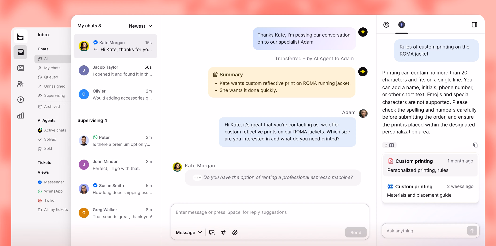 Unified inbox with chats from Messenger and WhatsApp alongside an AI Agent handing off a conversation to a human agent