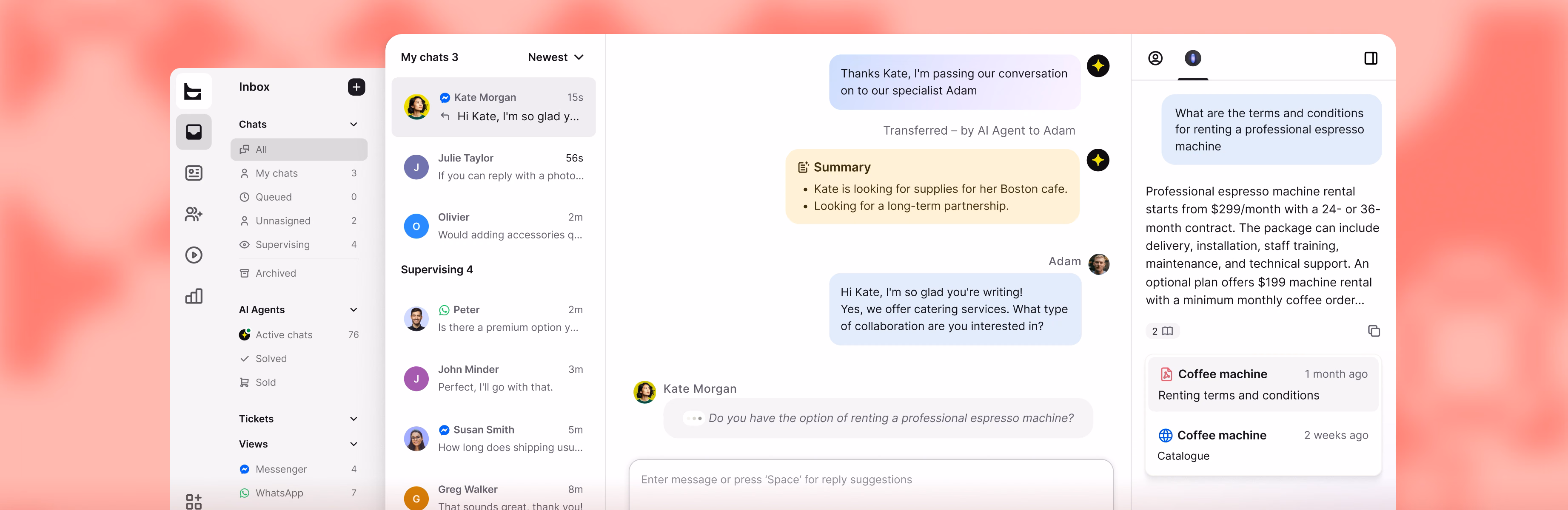 Unified inbox with chats from Messenger and WhatsApp alongside a conversation summary and support ticket