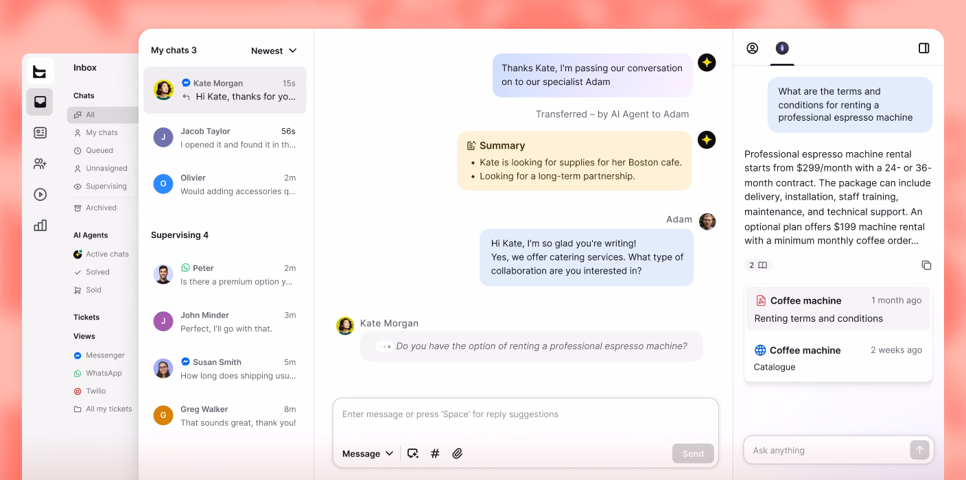 Unified inbox with chats from Messenger and WhatsApp alongside a conversation summary and support ticket