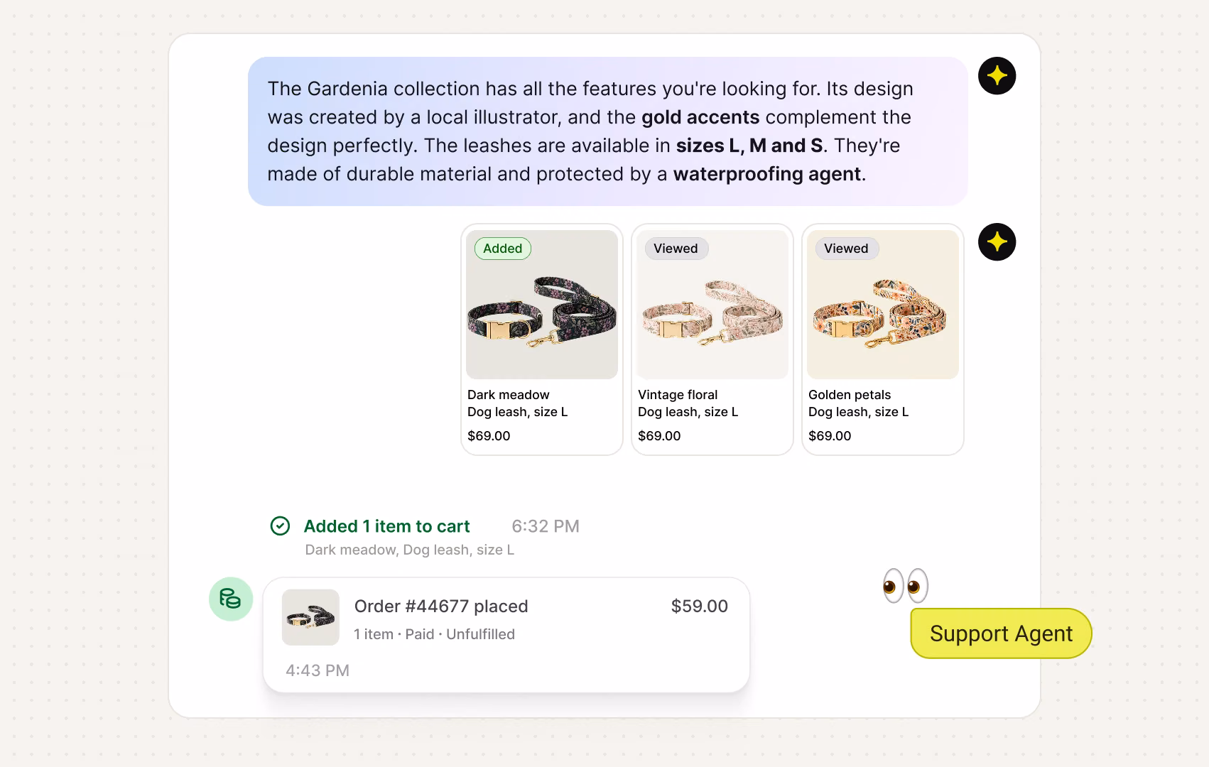AI Agent recommending a product collection and confirming a placed order in the same chat