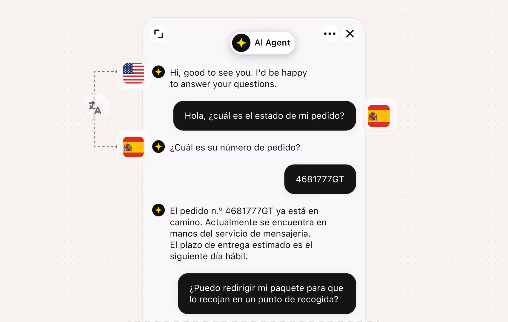 AI Agent answering an order status question in Spanish after a shopper switched languages mid-chat