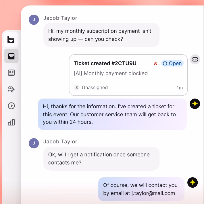 Text inbox chat where the AI Agent creates a ticket for a missing subscription payment