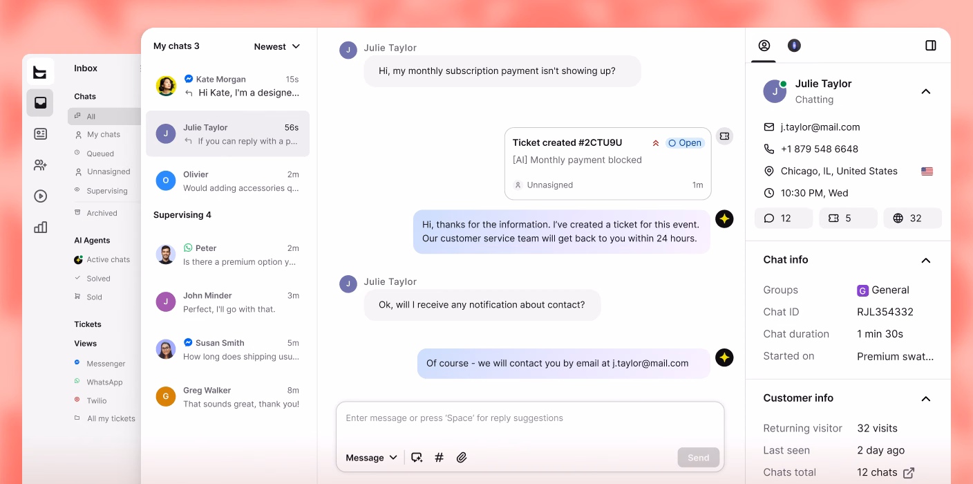 Text inbox chat where the AI Agent creates a ticket for a missing subscription payment