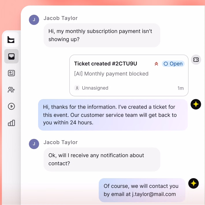 Text inbox chat where the AI Agent creates a ticket for a missing subscription payment