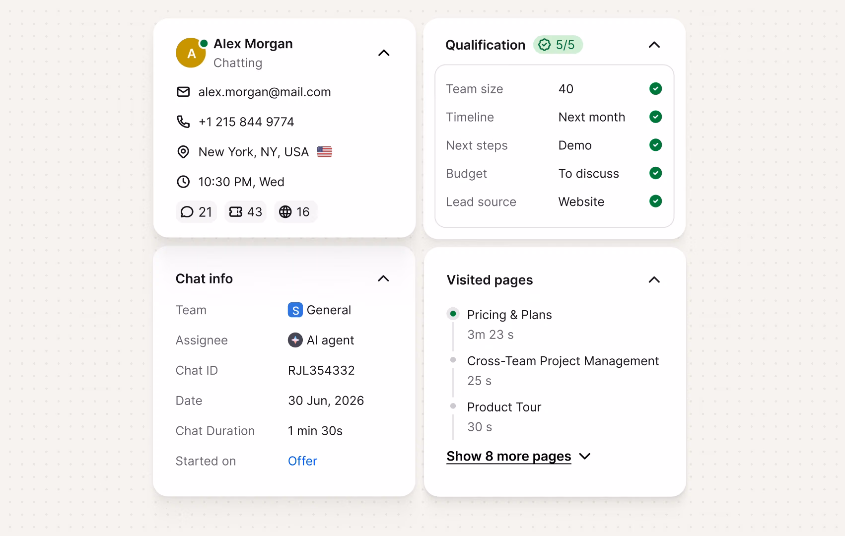 Text visitor profile with qualification details, chat info, and visited pages