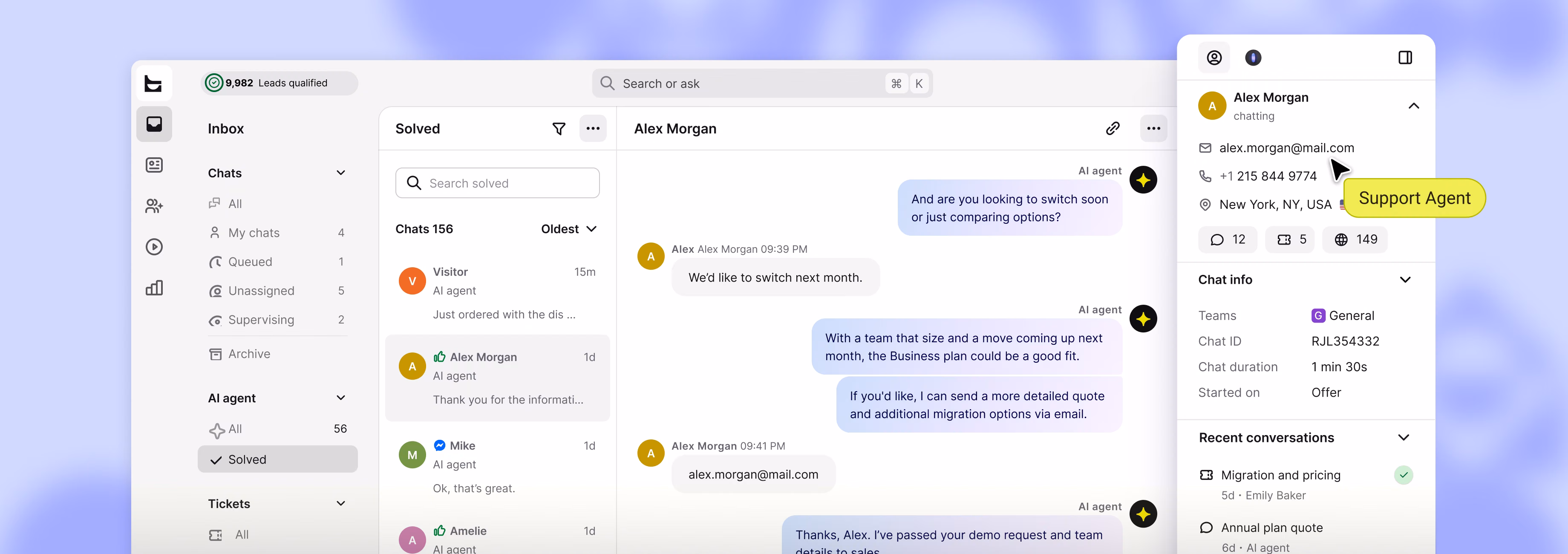 Text inbox showing a solved AI Agent chat with Alex Morgan and the contact details panel