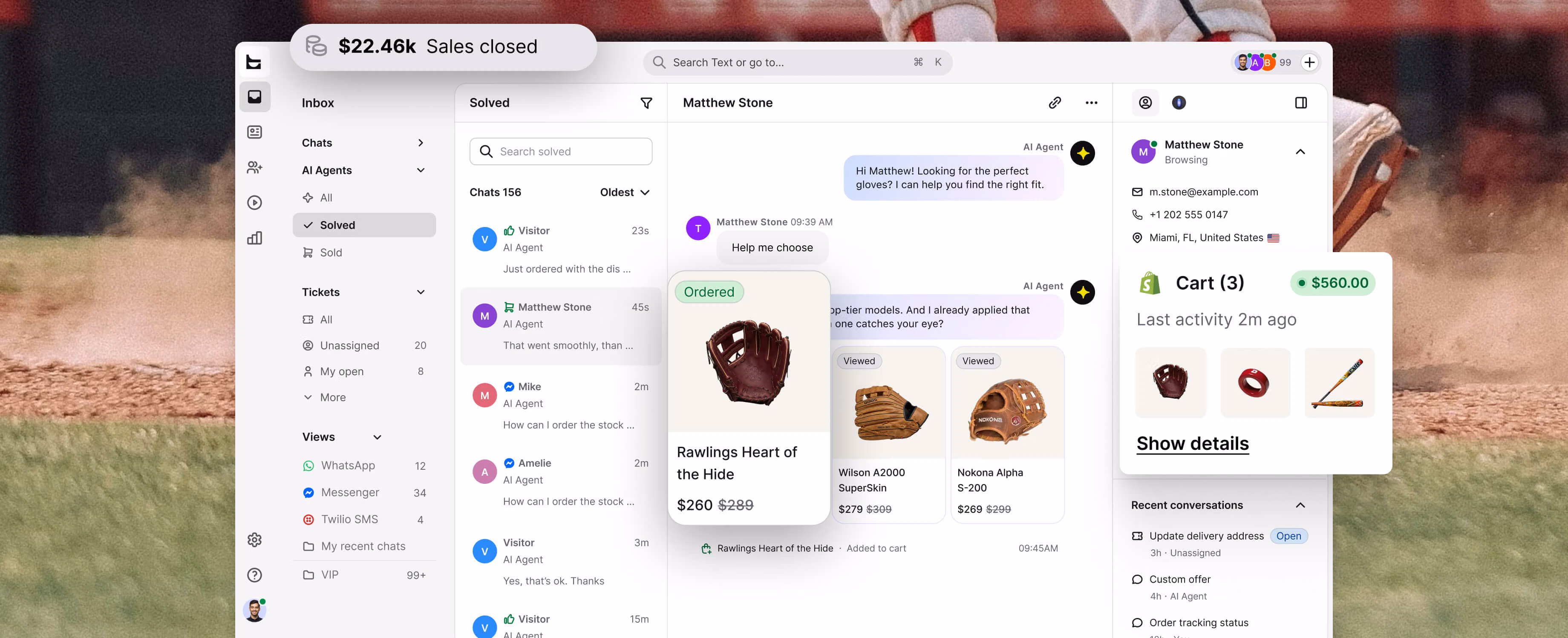 AI Agent in Text Omnichannel Inbox recommending baseball gloves to a customer, with cart details, buying signals, and closed sale notification visible