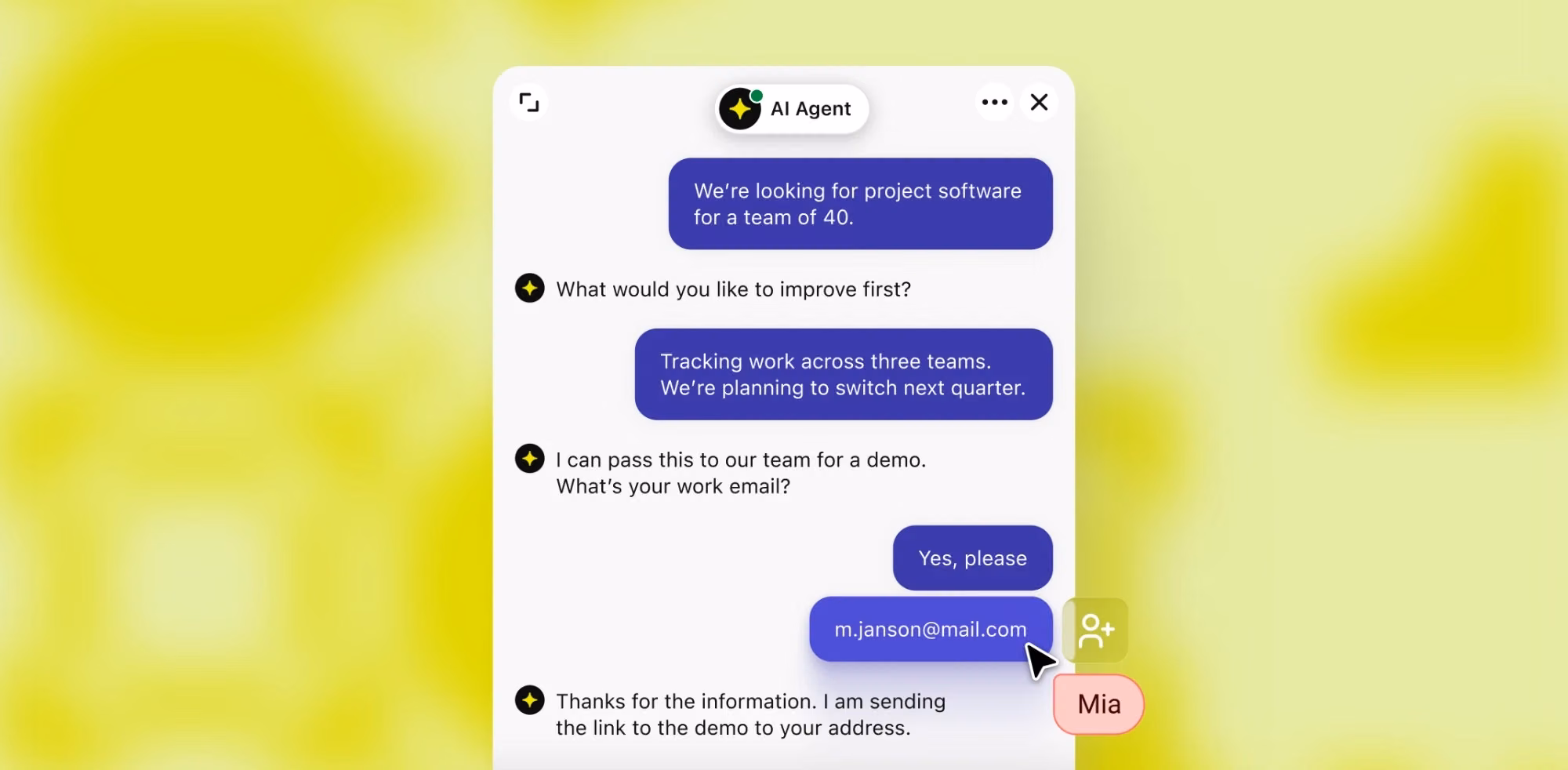 AI Agent chat qualifying a visitor and creating a HubSpot contact