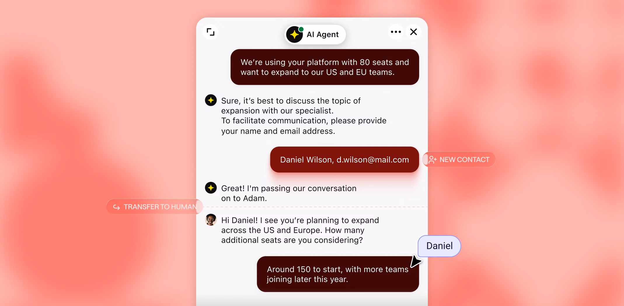AI Agent chat collecting a visitor's name and email and transferring to a human agent, then a new contact card for Daniel Wilson with qualification details next to the Salesforce logo