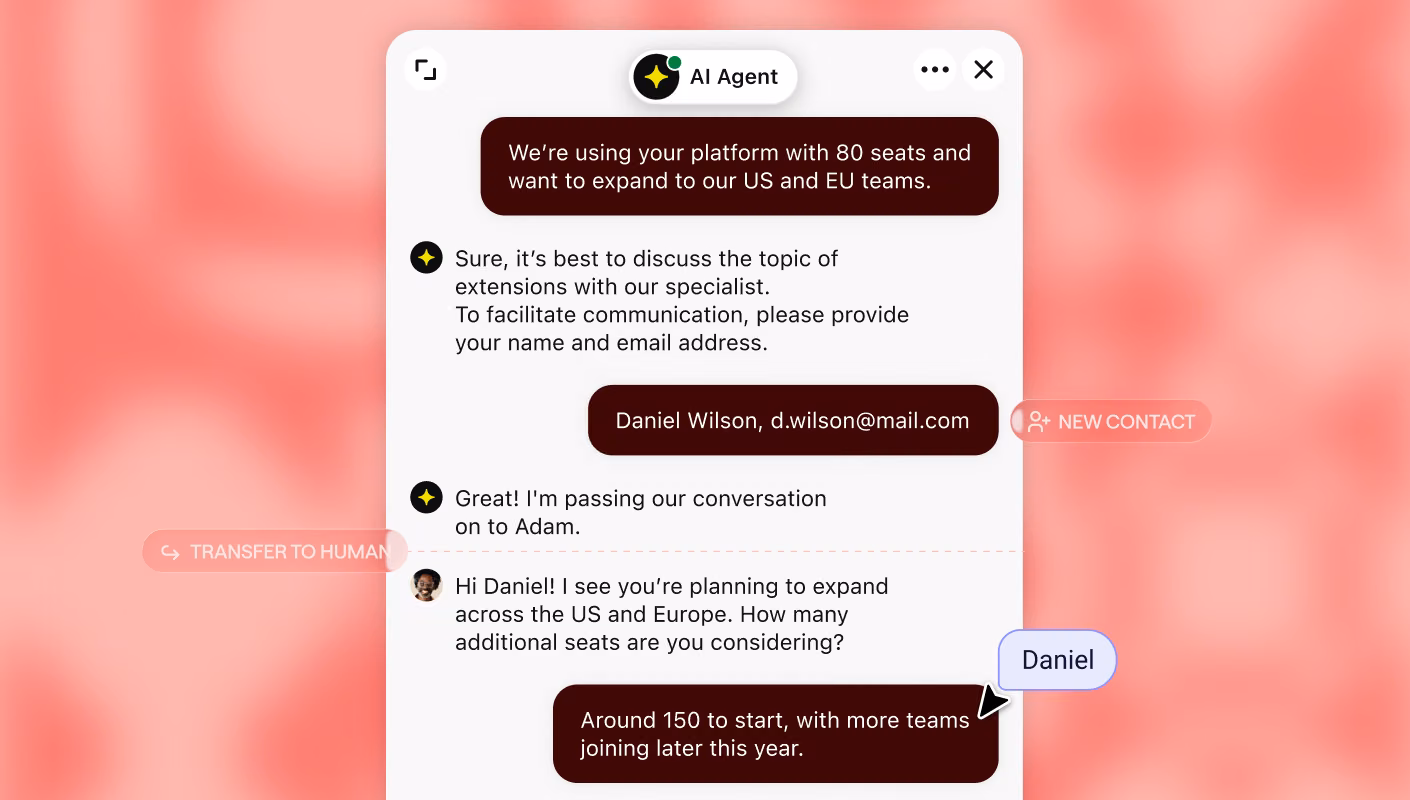 AI Agent chat collecting a visitor's name and email and transferring to a human agent, then a new contact card for Daniel Wilson with qualification details next to the Salesforce logo