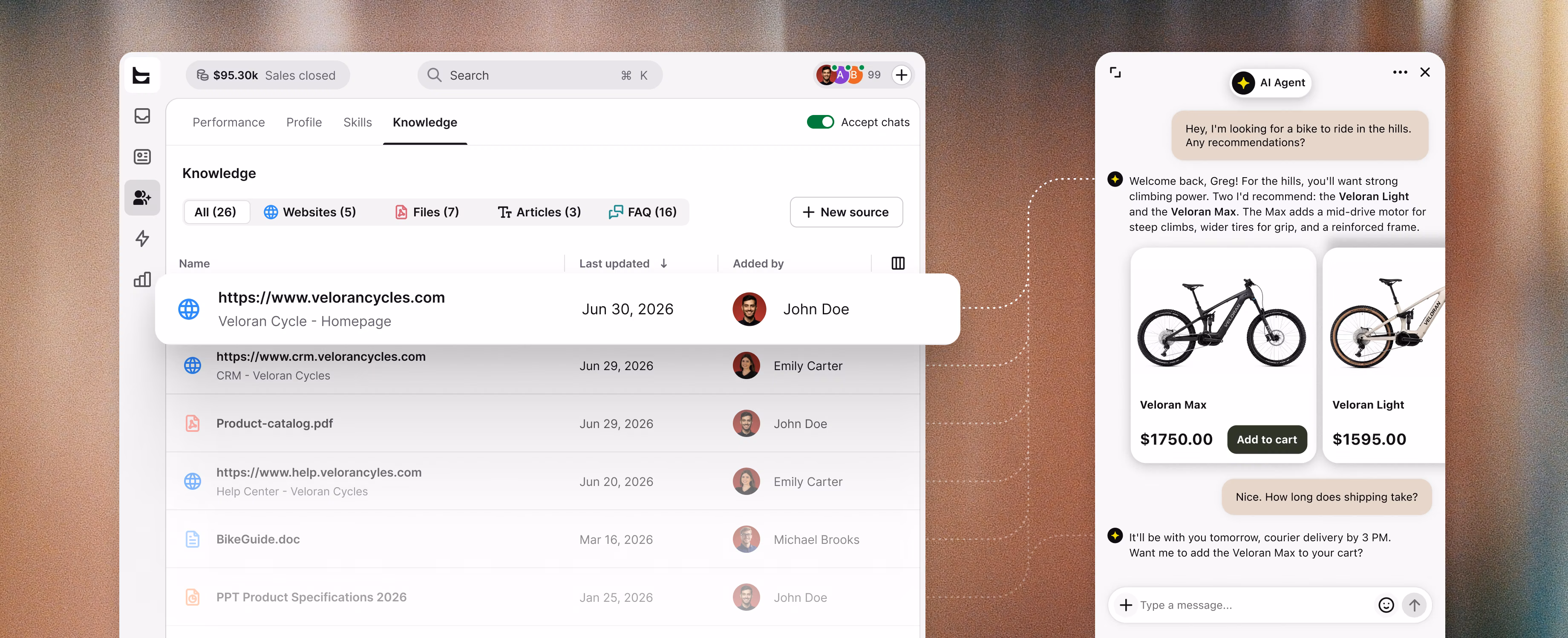Text agent workspace showing knowledge sources next to an AI Agent chat recommending bikes from the catalog