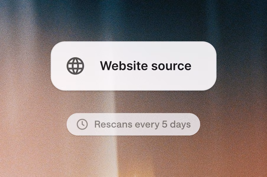 Knowledge hub website source card showing automatic rescans every 5 days