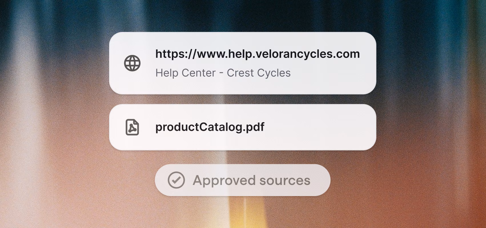 Knowledge hub source list showing a help center URL and a product catalog PDF marked as approved sources