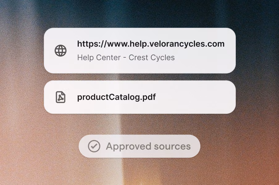 Knowledge hub source list showing a help center URL and a product catalog PDF marked as approved sources