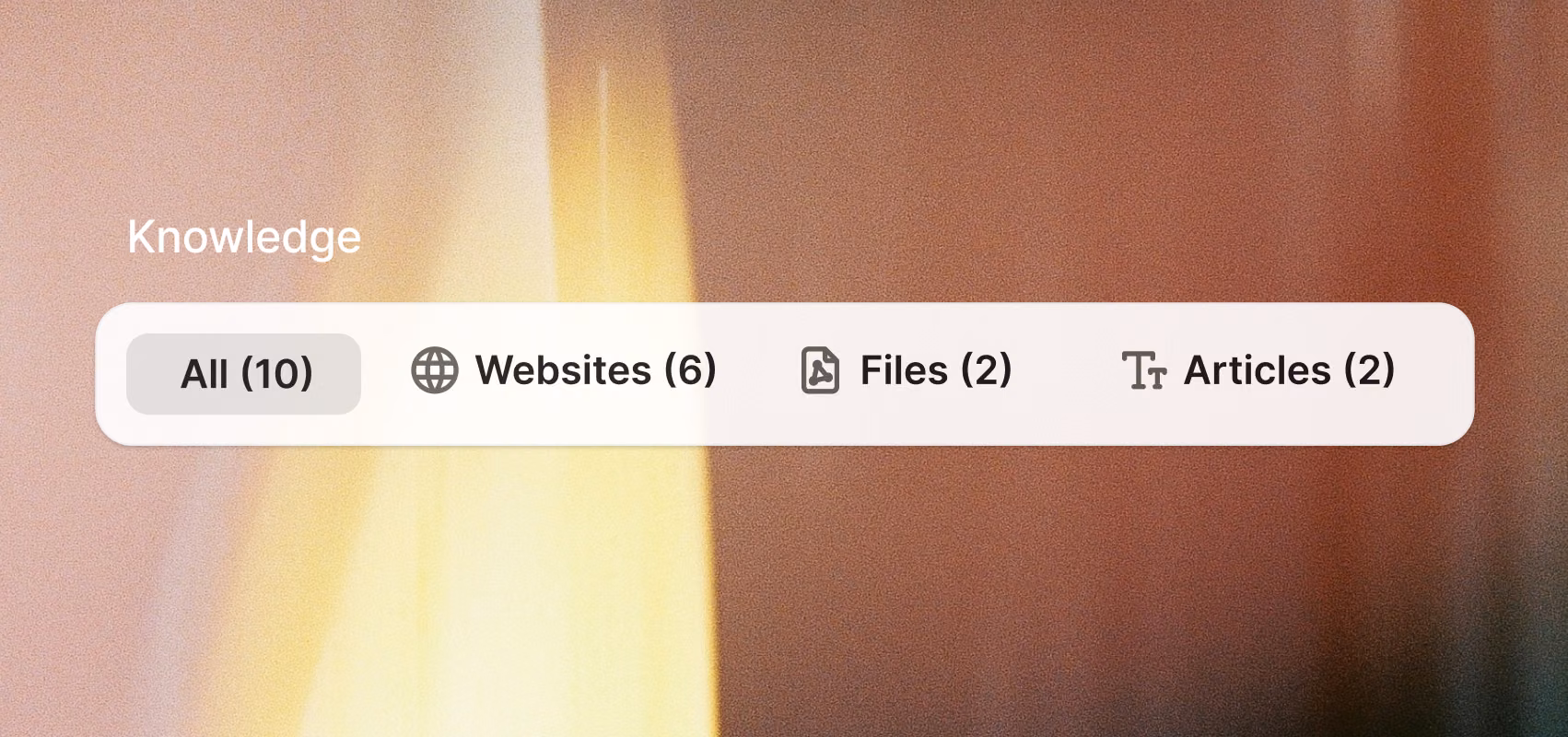Knowledge hub source tabs showing all sources split into websites, files, and articles