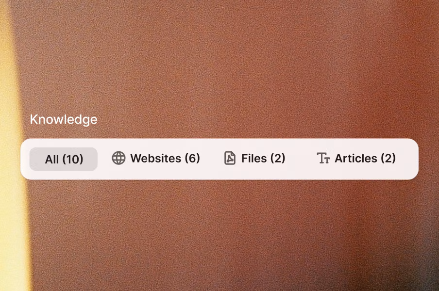 Knowledge hub source tabs showing all sources split into websites, files, and articles