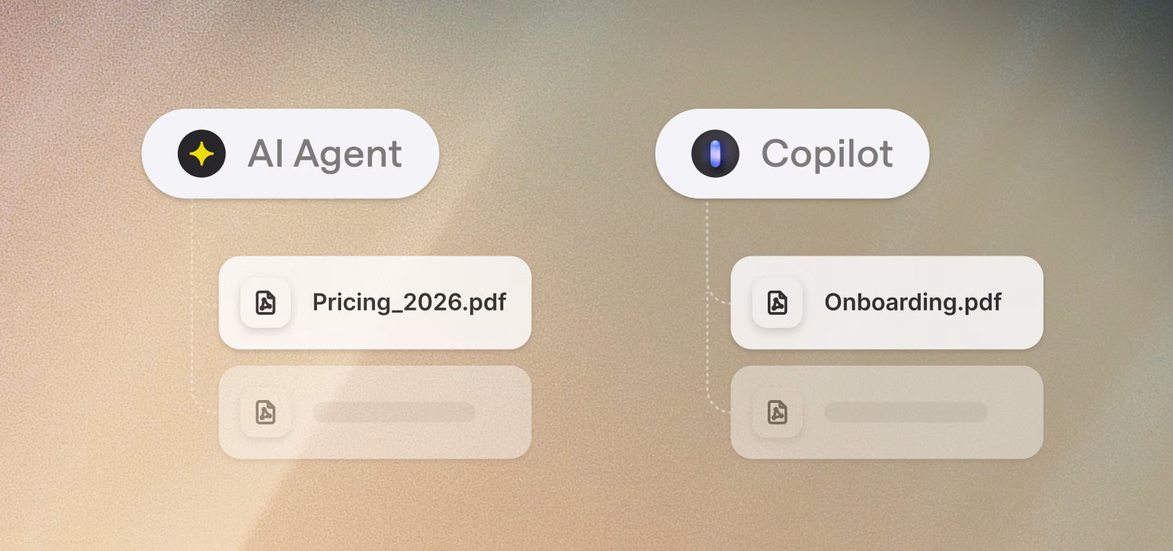 Knowledge hub sources split between AI Agent and Copilot, each with its own connected PDF file