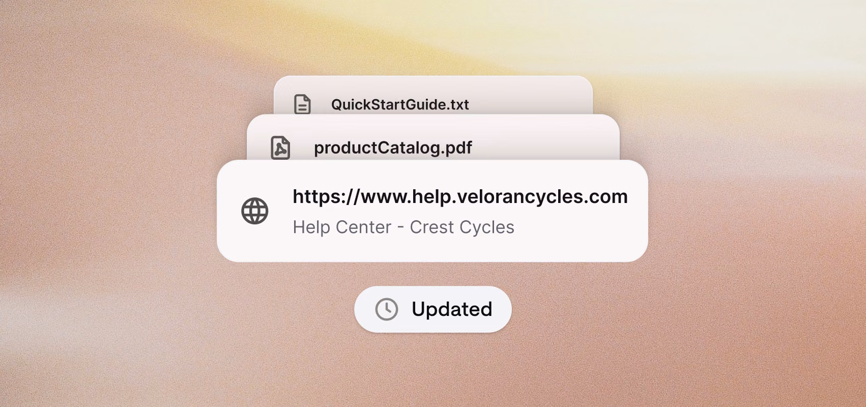 Knowledge hub source list showing a text file, a PDF, and a website marked as recently updated