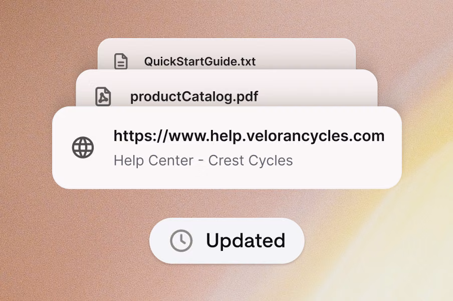 Knowledge hub source list showing a text file, a PDF, and a website marked as recently updated