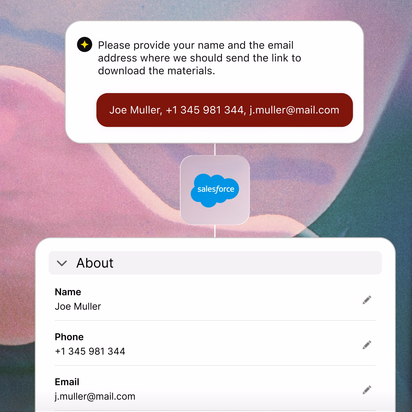 Visitor's contact details from an AI Agent chat passing through Salesforce into an About record with name, phone and email